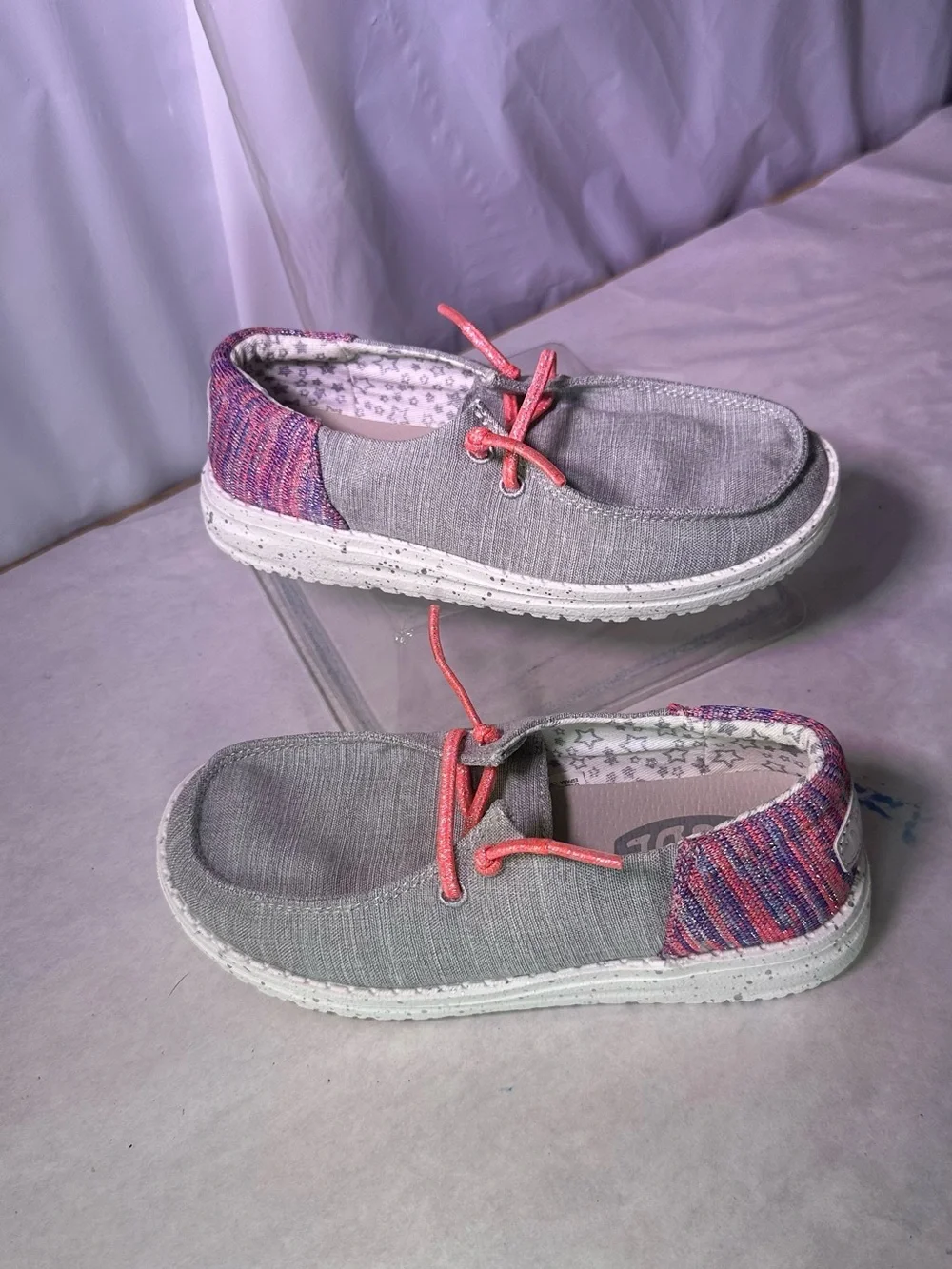 Hey Dude Kids Grey Canvas Moccasins with Pink Accents